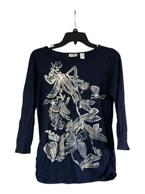 Chico's Floral Navy and White Size Small Short Sleeve Top